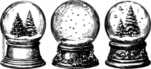 Snow globe featuring detailed trees and snow in a classic black and white design. Vintage vector illustration set, isolated on a plain background.