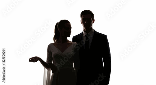 Silhouette of a couple in formal attire against a white background.