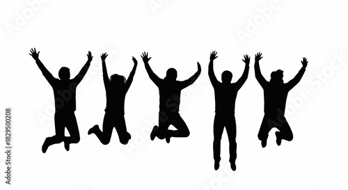 Black silhouettes of a group of five people jumping with joy.
