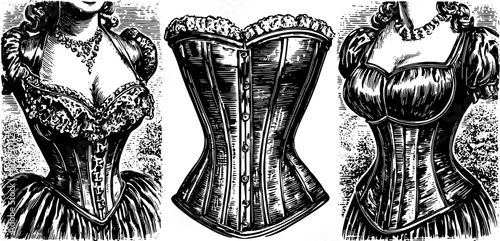 Vintage corset illustration in black line drawing style, featuring elegant design and textile elements. Perfect for historical vector illustration set.
