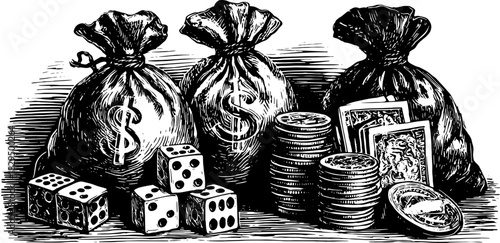 Money bags filled with coins and cards in a vintage engraving style. Detailed vector illustration of financial elements in a retro set.
