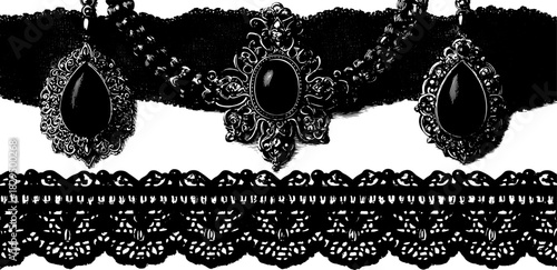 Antique engraving illustration featuring elegant jewelry and lace patterns. Detailed vector graphic set showcasing vintage design elements.