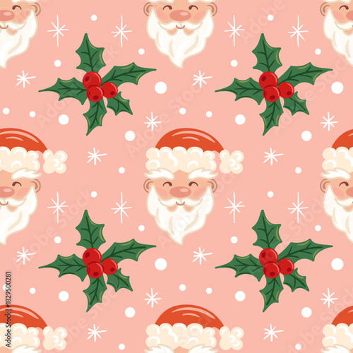 Santa Claus snowflakes and holly seamless pattern for festive vector design, repeating lattice of jolly Santa motifs, sparkling snowflakes, and glossy holly leaves.