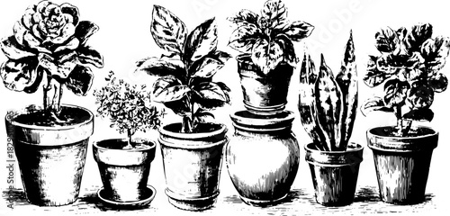 Vintage botanical illustration of various plants in pots. Engraved black outline set showcasing details in a decorative vector illustration.