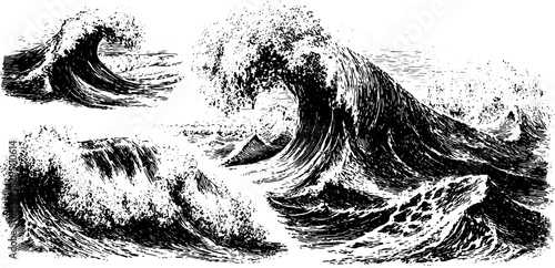 Wave silhouettes in hand-drawn style. Vintage engravings and black outline illustration showcasing water motion in a vector set.