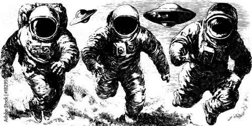 Astronaut silhouettes in vintage engravings. Retro black outline illustration set depicting space exploration in a classic style.