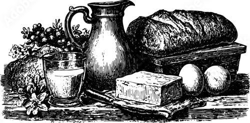 Vintage food illustration featuring a set of bread, cheese, eggs, and milk in a rustic kitchen. This detailed hand-drawn vector captures classic culinary elements.