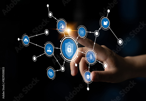 Foto A hand reaches out to interact with various digital security icons, symbolizing the importance of cybersecurity, data privacy, and innovative technology in today online world