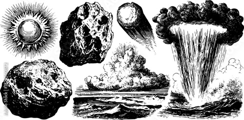 Sun and comet illustrations in vintage style. Hand-drawn black outline graphics depict a celestial set in detailed vector format.