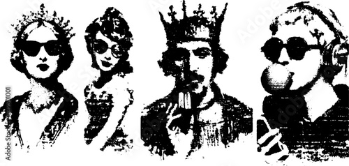 Engraving print in retro style with antique silhouettes. Hand-drawn black outline vector illustrations create a vintage visual set.