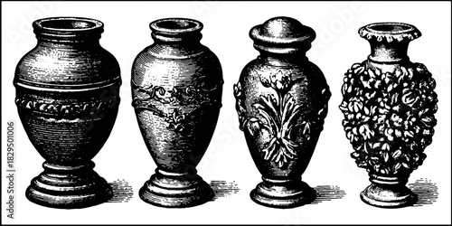Ceramic vases in various styles. Elegant and ornate black and white illustration of traditional pottery set for display, vector artwork.