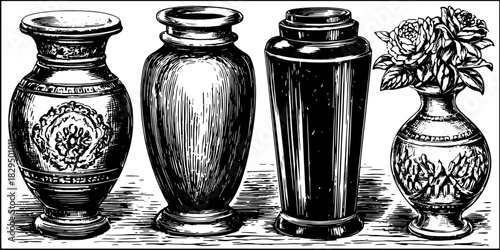 Set of decorative vases in classic style. Elegant pottery illustration with floral designs and varied shapes for home or garden vector.