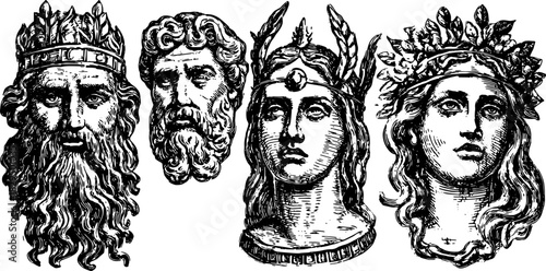 Illustration of gods and goddesses in historical style. Black and white vector illustration featuring classical figures with detailed portraits in an ornate design.