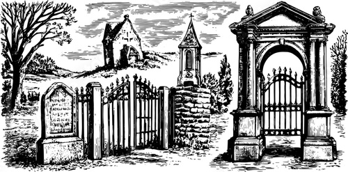 Gate and tombstone in a cemetery landscape. Vintage black-and-white vector illustration showing a stone arch, fence, and trees in a simple outdoor set.