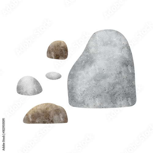 Stones, boulders, cliff, gray-brown mountain. Watercolor illustration in nautical style, isolated from background. Hand-drawn design for children's cards, nursery decor bathroom stickers geography map