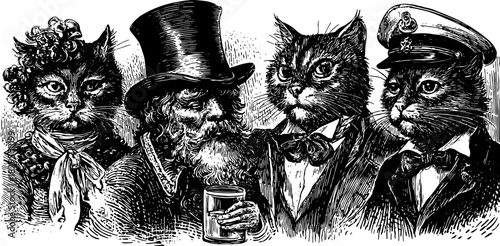 Vintage cat illustration featuring a group of cats in fancy outfits. A whimsical vector artwork set highlighting unique character designs.
