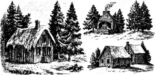 Engraved illustration of rustic huts and a fireplace among trees. Vintage black outline drawing in a set depicting serene rural landscapes.