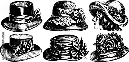 Vintage hats in black outline style. Engraved set of hand-drawn illustrations showcasing various hat designs in this vector illustration.