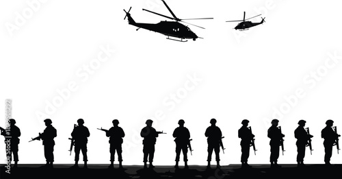 Military Soldiers and Attack Helicopters Silhouette, Black Vector Graphic of Armed Army Troop Line and Flying Aircraft for Defense, War, and Security Design