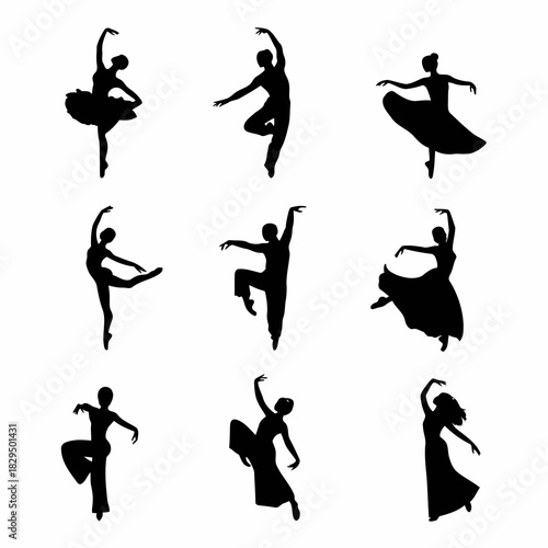 Silhouettes of ballerinas in various dance poses, elegant and graceful ballet dancers in different positions, isolated on