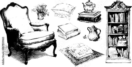 Vintage chair and bookshelf set with accessories. Black outline engraving vector illustration depicting classic home decor.
