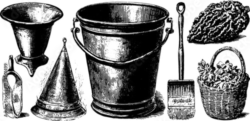 Engravings of antique kitchen tools: a set of bucket, basket, shovel, and measuring instruments. Black outline vector illustration showcasing historical equipment.