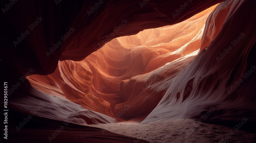 Obraz premium A dramatic view of a sunlit sandstone canyon, showcasing illuminated, swirling walls and a tranquil, sandy floor.