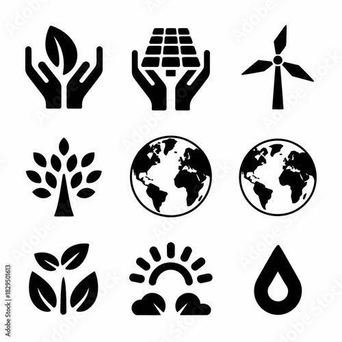 Set of nine black icons representing environmental sustainability concepts like renewable energy, nature, and ecofriendly practices