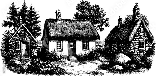 Vintage engravings of cottages set among trees. Hand-drawn black outline vector illustrations showcasing simple country architecture.