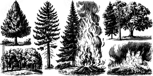 Trees and fire in an antique engraving style. Black and white vector illustration highlighting nature and woodland scenery.