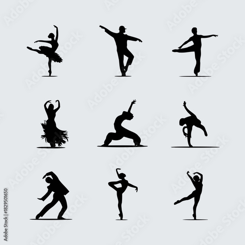 Silhouettes of ballet dancers in various poses, showcasing grace and elegance, isolated on