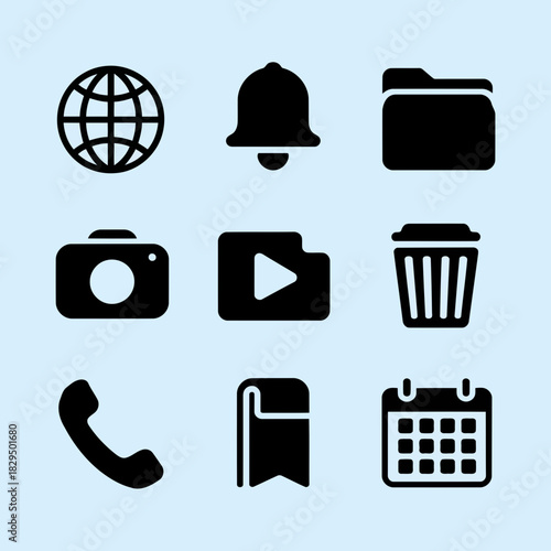 Set of nine black icons on a light blue background representing internet, notification, folder, camera, video, trash, phone, document, and calendar