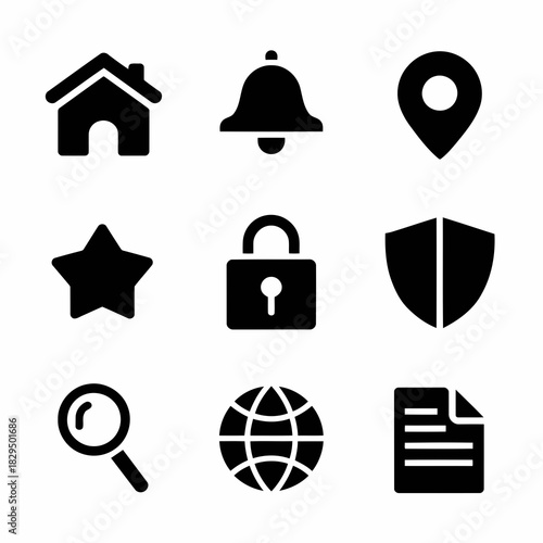Set of nine black icons including house, bell, location pin, star, lock, shield, magnifying glass, globe, and document