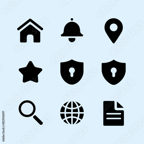 Set of nine black icons representing home, notification, location, star, security, search, globe, document, and shield on a light blue background