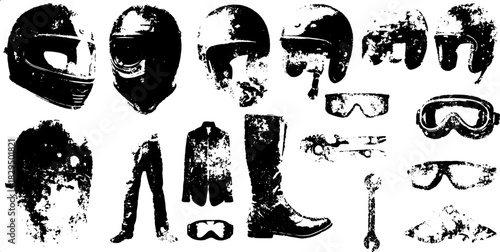 Motorcycle gear set including helmets, boots, glasses, and accessories. Protective elements in a black distressed vector illustration.