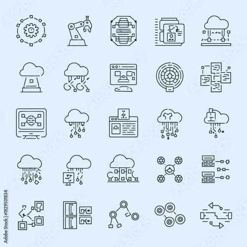 Set of icons representing various technology and cloud computing concepts, including servers, databases, and networks
