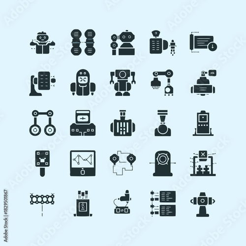 Set of robot and industrial icons including machinery, tools, and technology symbols