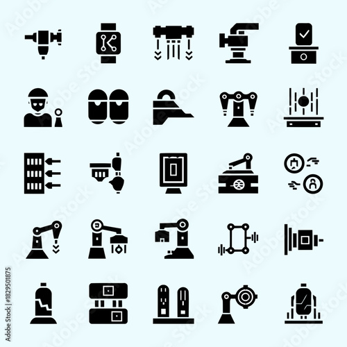 Set of icons representing various industrial and manufacturing tools and equipment