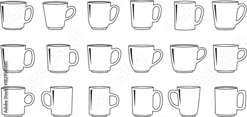 Outline Vector Collection of Coffee Mug and Tea Cup Icons in Various Shapes and Styles, Featuring Beverage Drinkware for Hot Drinks, Isolated Drawing