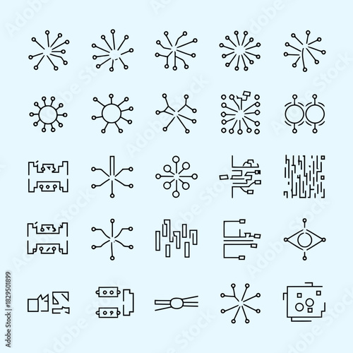 Collection of various abstract shapes and patterns, including geometric designs, lines, dots, and interconnected structures