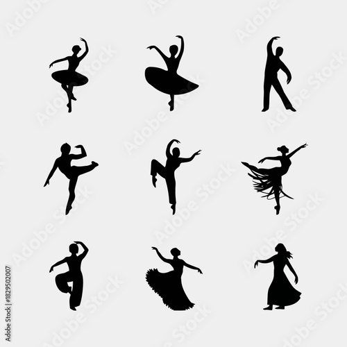 Silhouettes of ballet dancers in various poses isolated on