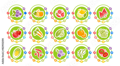 Blueberries, lemons, and watermelon, conveying freshness, vitamins, and a healthy, fruity energy. tomato, bell pepper, Chinese cabbage, onion, pumpkin, and green beans, vitamins minerals highlighted.