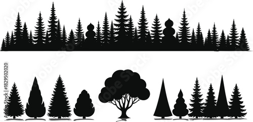 Monochrome black vector silhouette set featuring a dense coniferous forest border and various isolated pine trees, spruces, and deciduous foliage, perfect for nature headers or landscape design, 