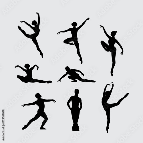 Silhouettes of dancers performing various ballet poses and movements isolated on
