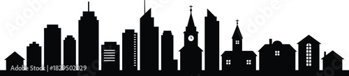 Modern City Skyline Silhouette with Skyscrapers, Residential Buildings, and Churches, Black Vector Graphic for Urban Development and Travel Background Design
