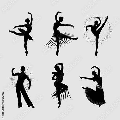 Silhouettes of dancers in various ballet poses, showcasing grace and elegance, isolated on