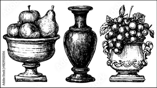 Vintage engravings of fruit and vases in a detailed set. Line art illustration featuring apples, grapes, and a pear in a classic bowl and vase.