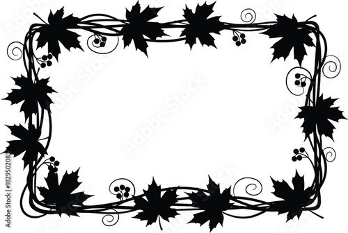 Ornate black monochrome vector silhouette of a rectangular decorative frame border made from stylized maple leaves, berries, and swirling branches, excellent for autumn labels or logos, isolated.