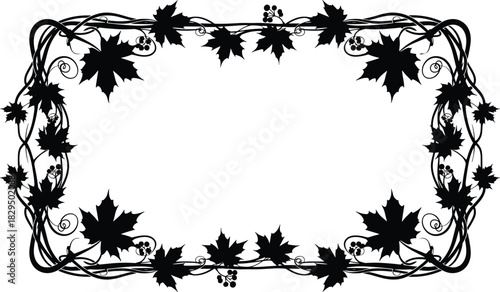 Ornate black monochrome vector silhouette of a rectangular decorative frame border made from stylized maple leaves, berries, and swirling branches, ideal for autumn labels or logos, isolated.