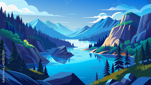 Very beautiful panoramic lake vista from a high cliff, showing peaceful blue water, layered forested hills, and soft atmospheric light creating a serene wilderness landscape perfect for nature, travel